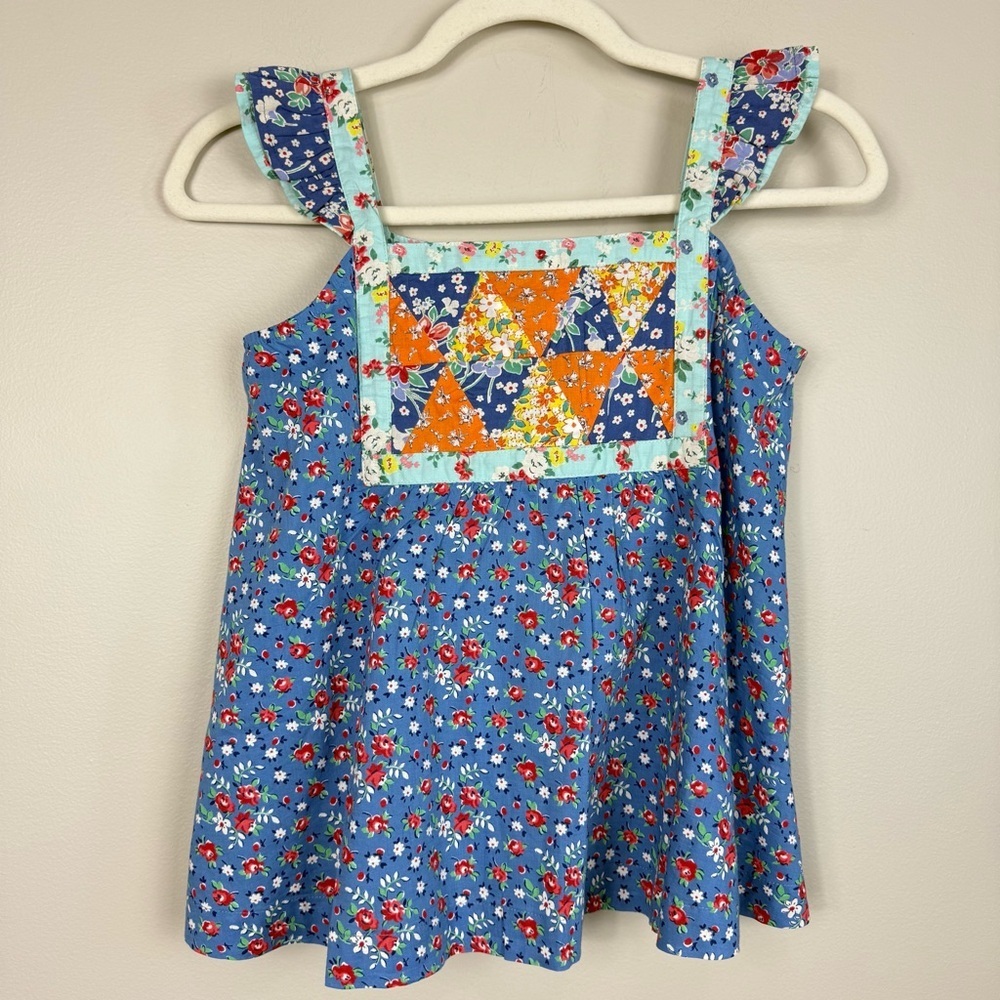 Ralph Lauren Girls Floral Print Patchwork Cotton Top Blue Preppy Shirt Pink